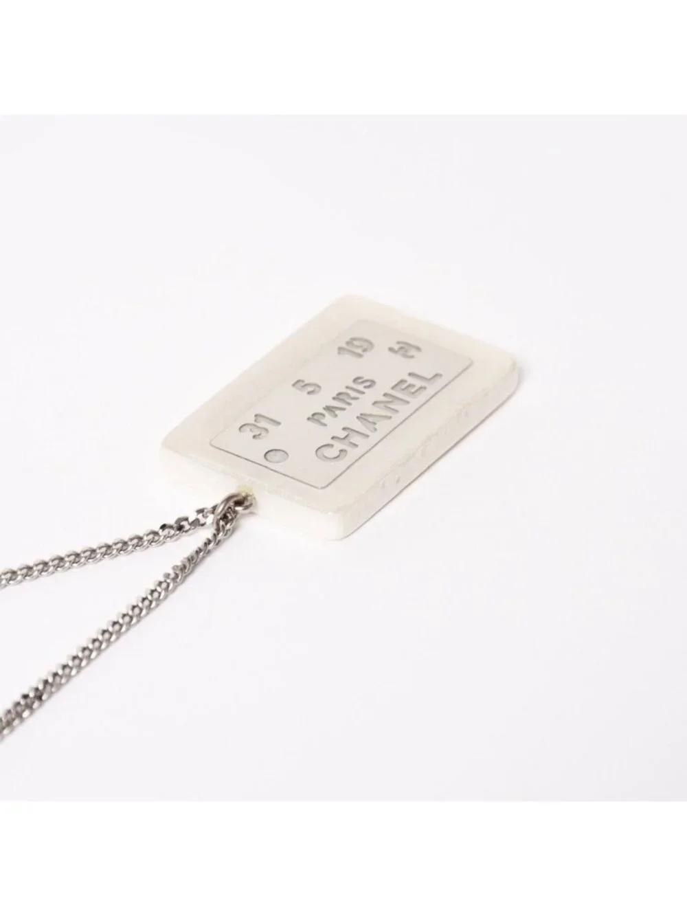 Chanel Plate Necklace White Silver Chain